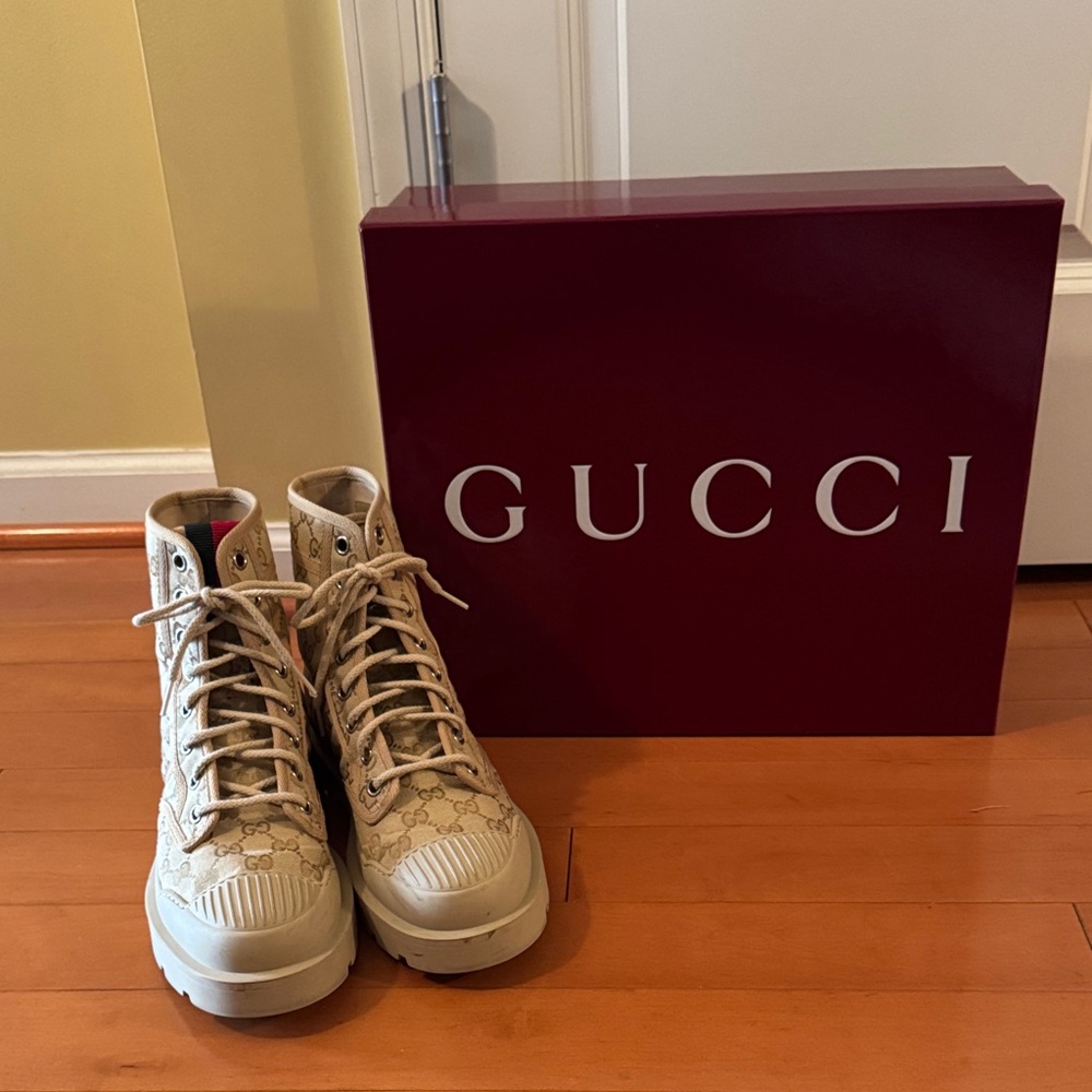 Gucci Beige Monogram High-Top Sneakers